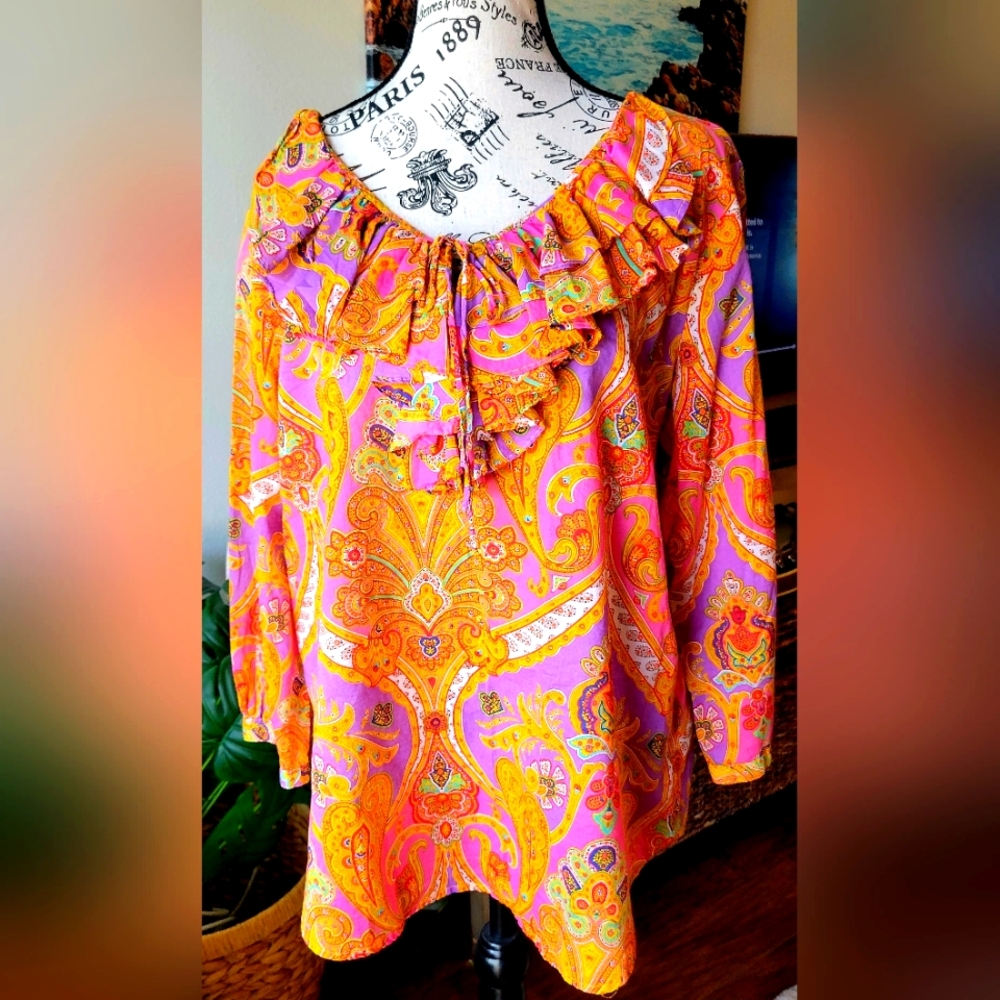 Lauren Ralph Lauren Blouse Women’s XL Pink Paisley Cotton Ruffle 7/8 Sleeves